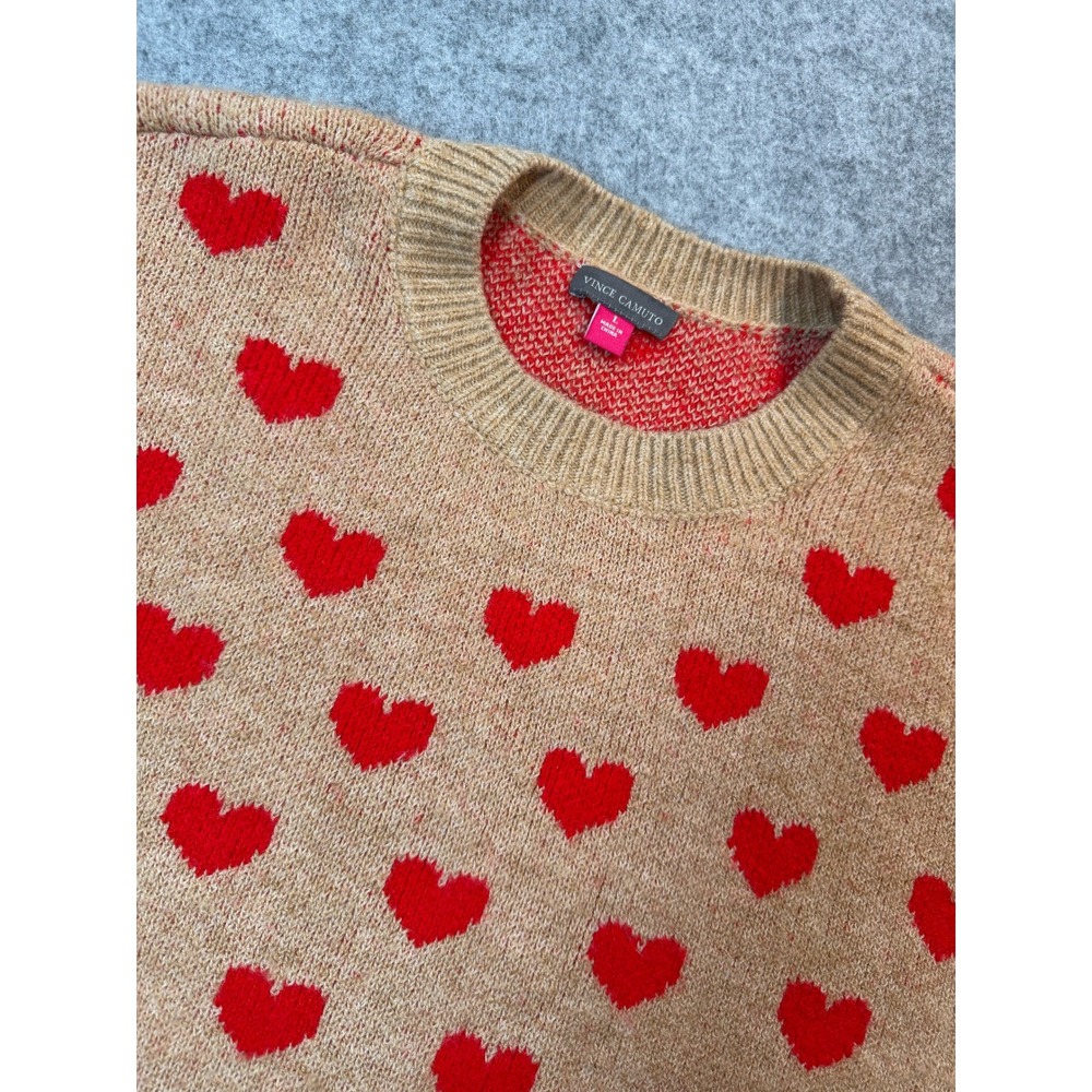 Vince Camuto Womens Oversized‎ Heart Print Crewneck Sweater Tan Red Large